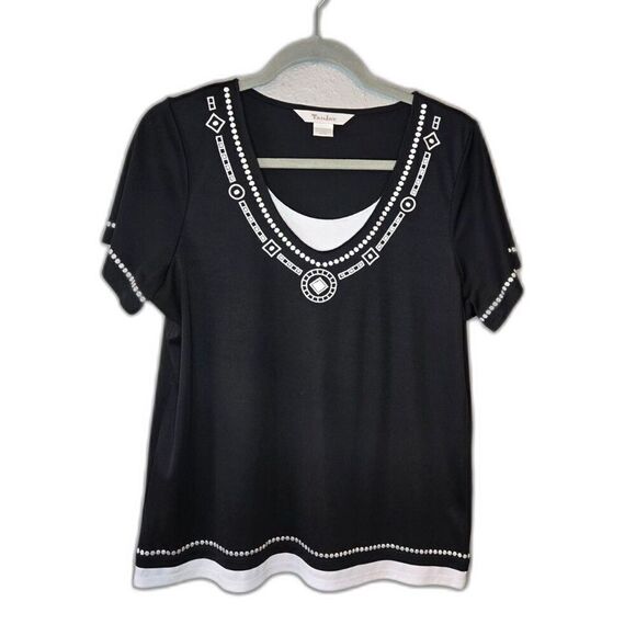 Tanjay Women's Black and White Embroidered Short Sleeve Shirt Size Medium - Picture 1 of 7